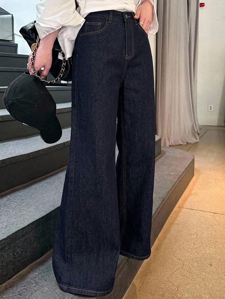 پانتۆلێ جینز یێ شینێ تاری و فراوان Dark Blue High-Waist