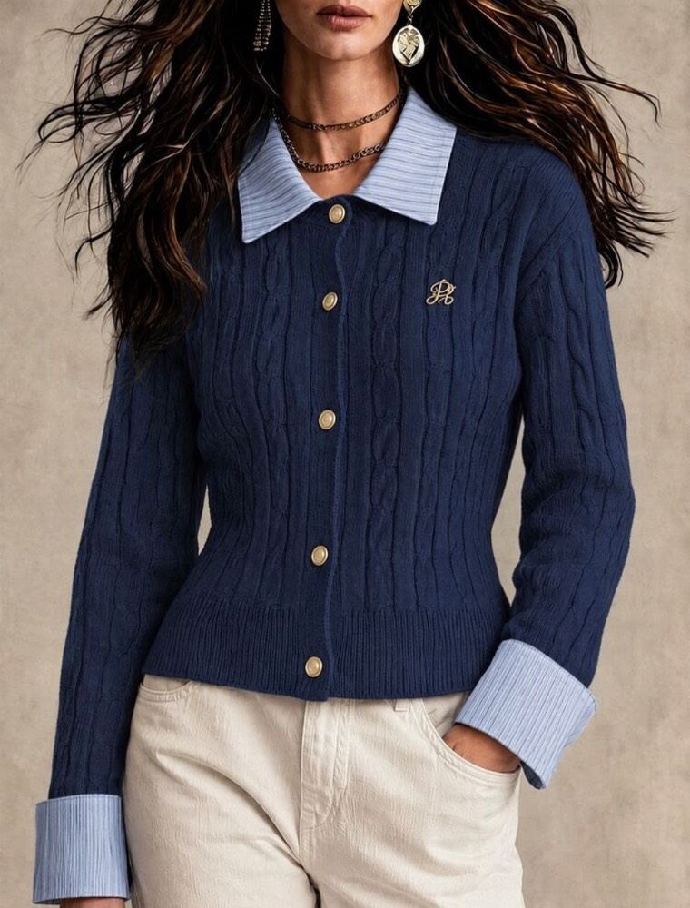 جاکێتەکێ تریکۆ یێ نایاب Navy Blue Cable Knit