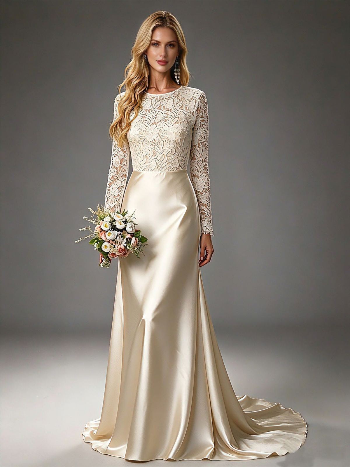کراسێ شاهانە یێ سپی یێ کاڵElegant Lace & Satin Long Dress