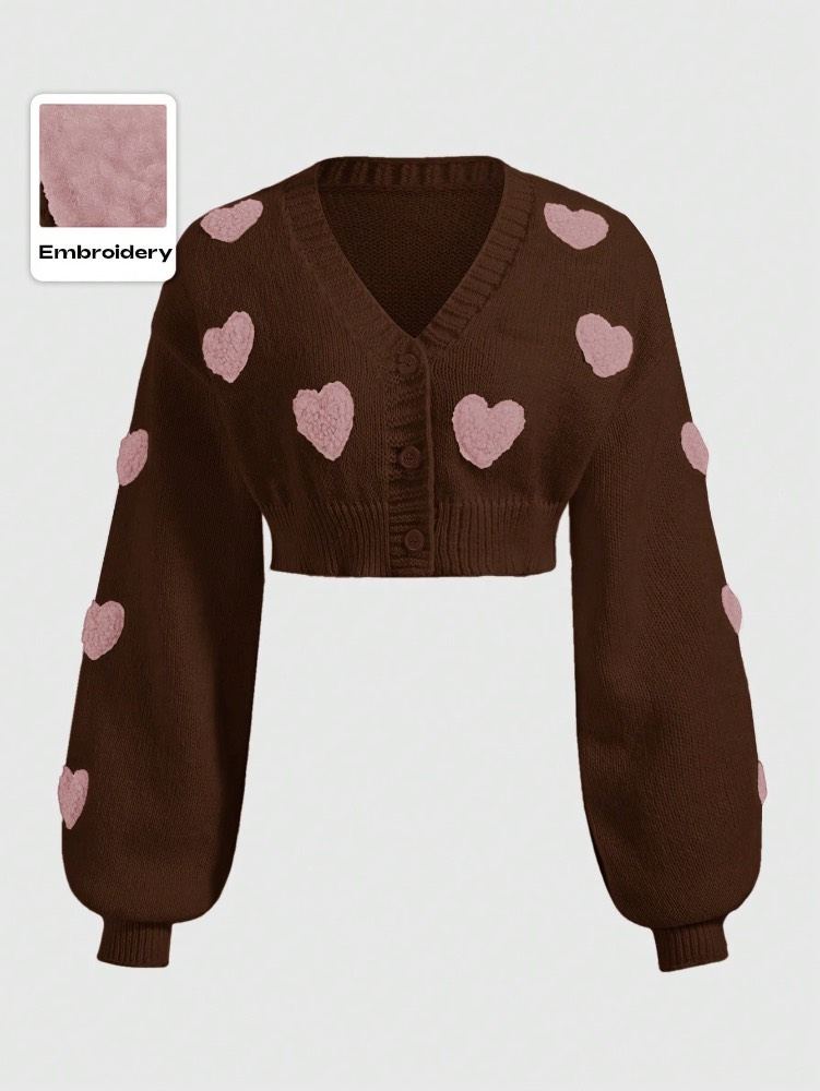 جاکێتێ تریکۆ یێ کۆرتBrown Heart Embroidered
